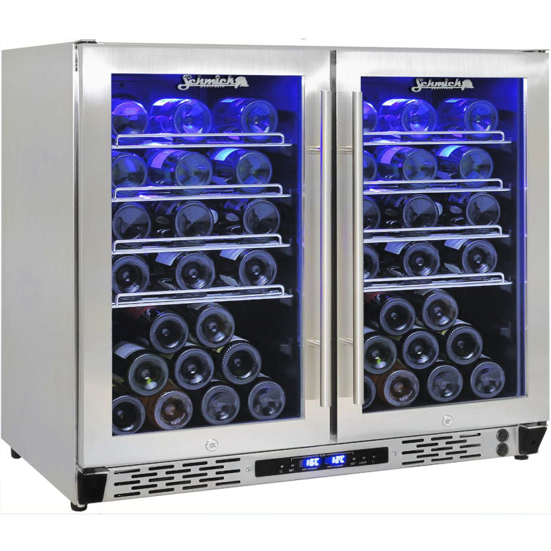 Bar Fridge | Dual Zone Combo | Schmick JC190 doors closed full of wine and Blue LED light on