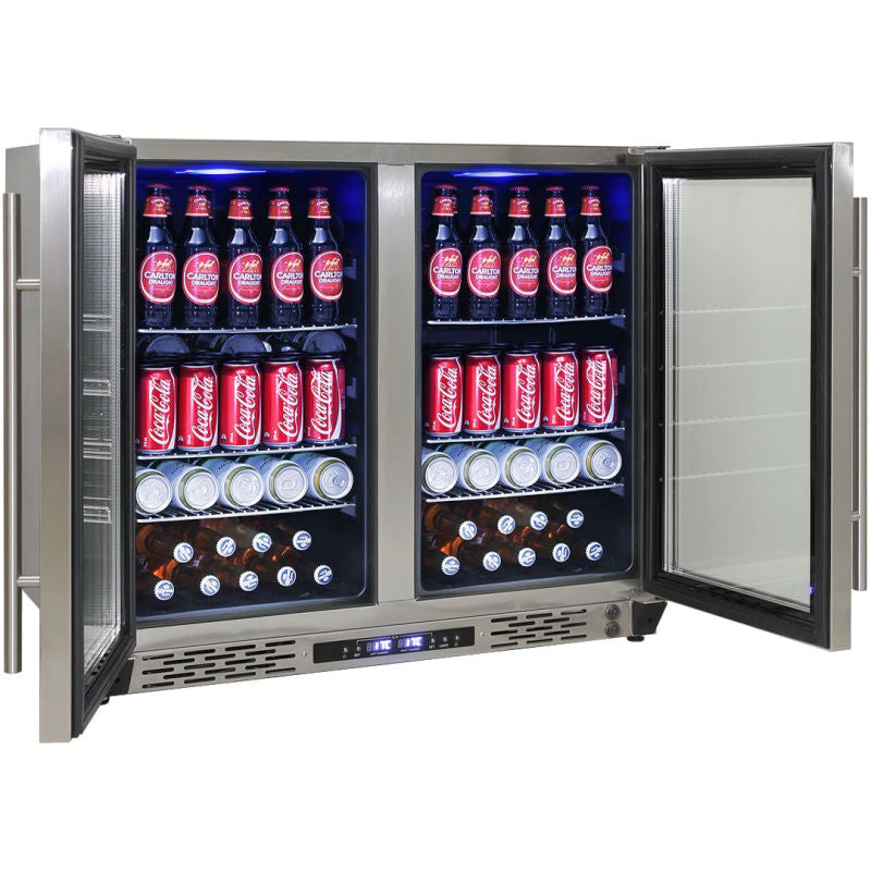 Bar Fridge | Dual Zone Combo | Schmick JC190 doors open and full of drinks with blue LED lights on