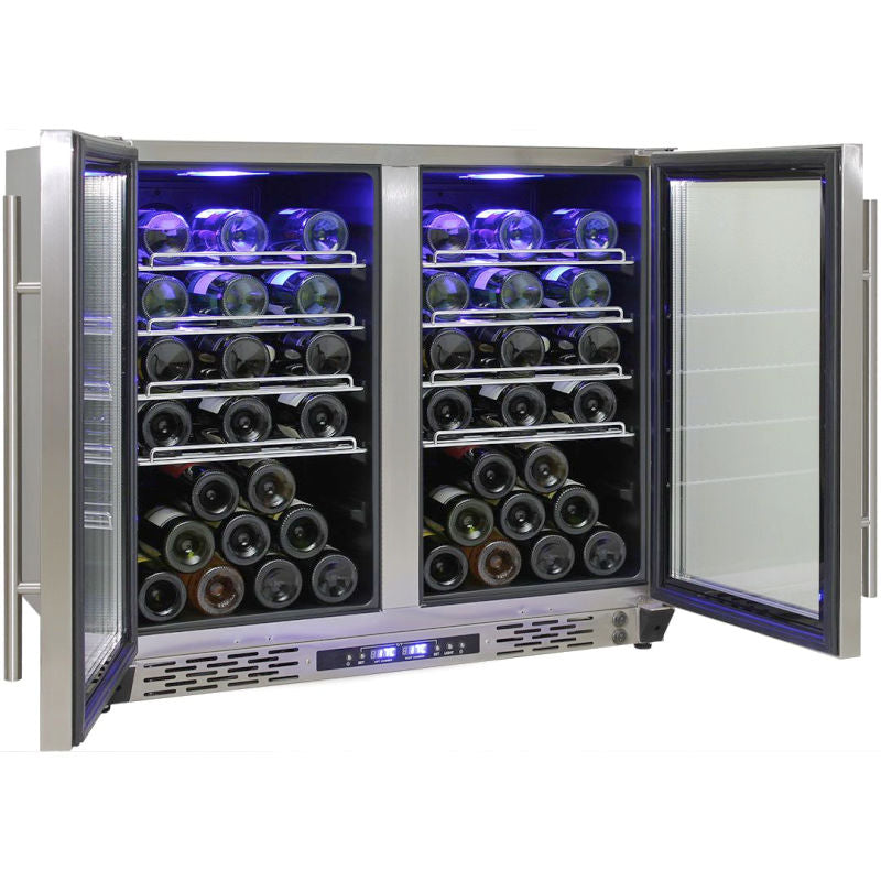 Bar Fridge | Dual Zone Combo | Schmick JC190 doors open full of wine and blue LED lights on