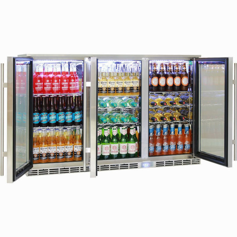 Bar Fridge | 3 Door Stainless Steel | Rhino GSP doors open and showing a mix of flat and wine shelves