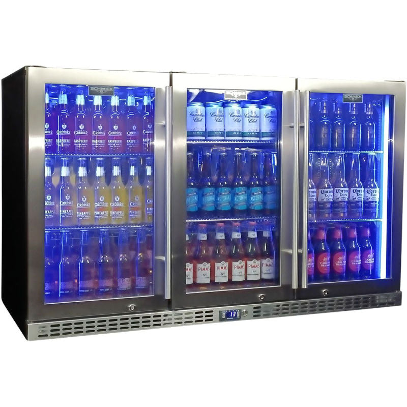 Bar Fridge | 3 Door | Schmick Heated Glass doors closed with blue LED lights on with stainless steel doors