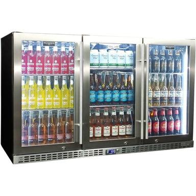 Bar Fridge | 3 Door | Schmick Heated Glass doors closed with white LED lights and full of drinks