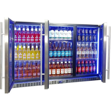 Bar Fridge | Solid 3 Door | Schmick SK386 doors open with blue LED lights on and full of drinks