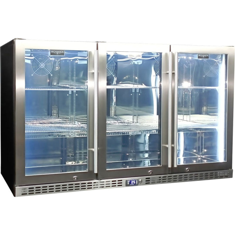 Bar Fridge | 3 Door | Stainless Steel SK386 doors closed and empty with white led lights on