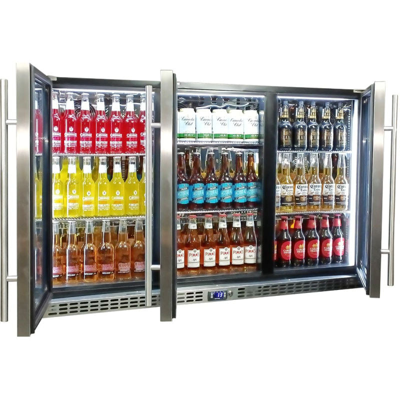 Bar Fridge | 3 Door | Stainless Steel SK386 doors open and full of drinks with white led lights on