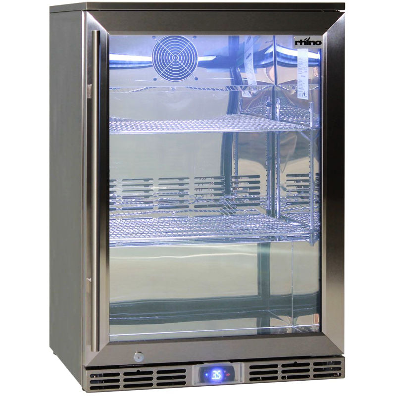 Bar Fridge | Single Door Alfresco | Rhino GSP with door closed and empty and blue led lights on