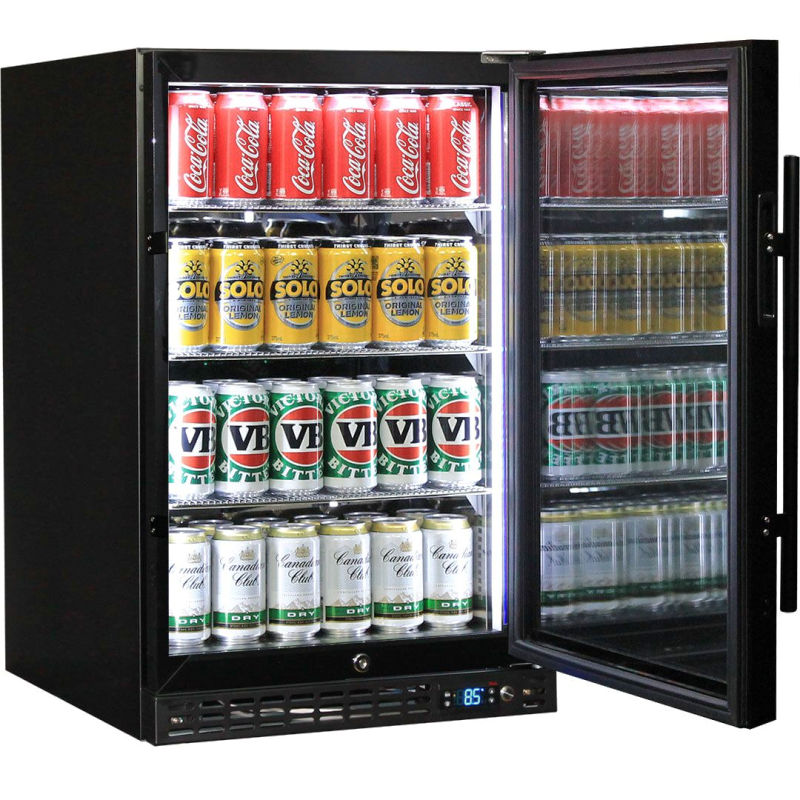 Bar Fridge | Single Door Alfresco | Schmick SK116 black right hinged with door open full of drinks