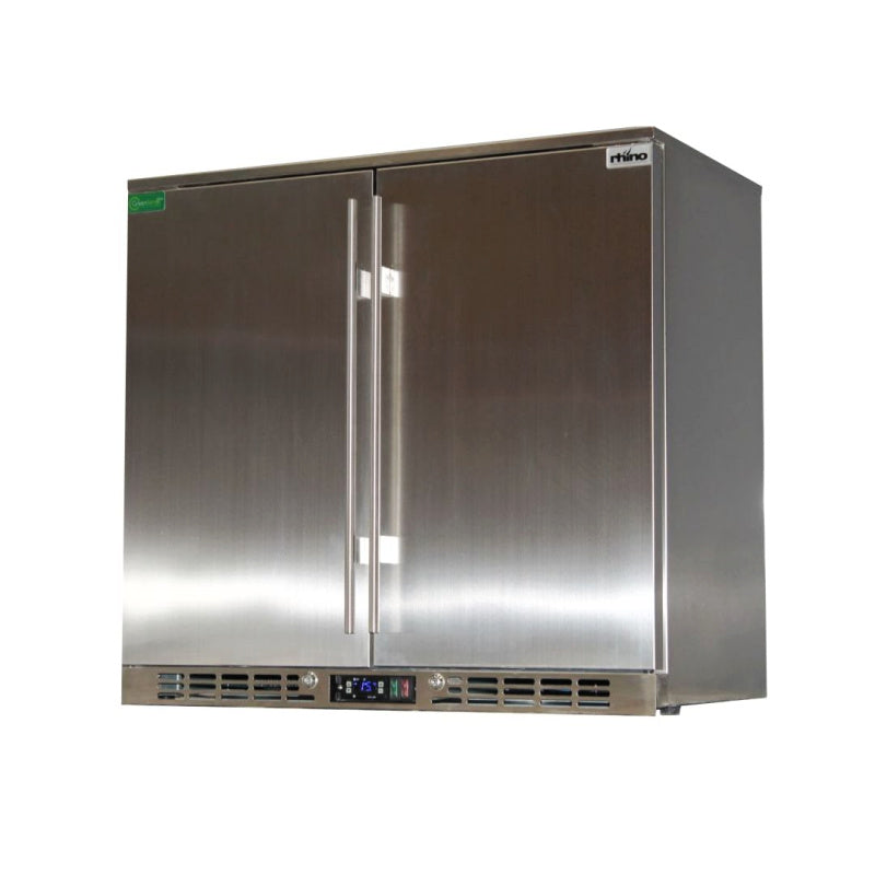 Bar Fridge | Solid 2 Door Alfresco | Rhino Stainless Steel front view of solid doors and temp controls