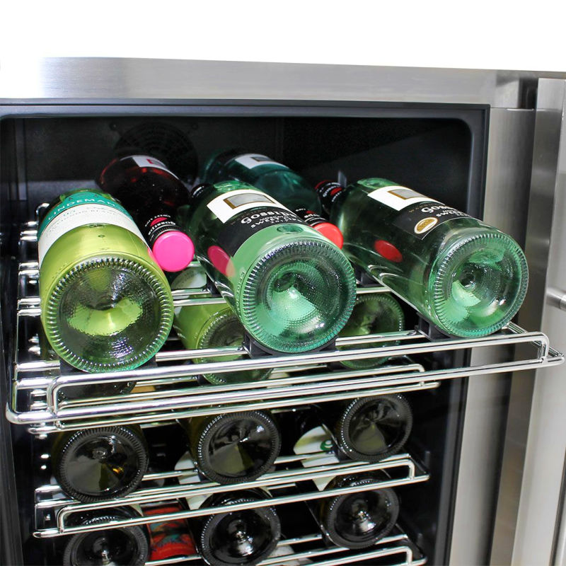 Bar Fridge | Solid Door | Beer and Wine Combo close up of wine shelf with bottles on it