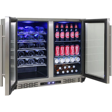 Bar Fridge | Solid Door | Beer and Wine Combo showing wine and beer shelves with blue LED light