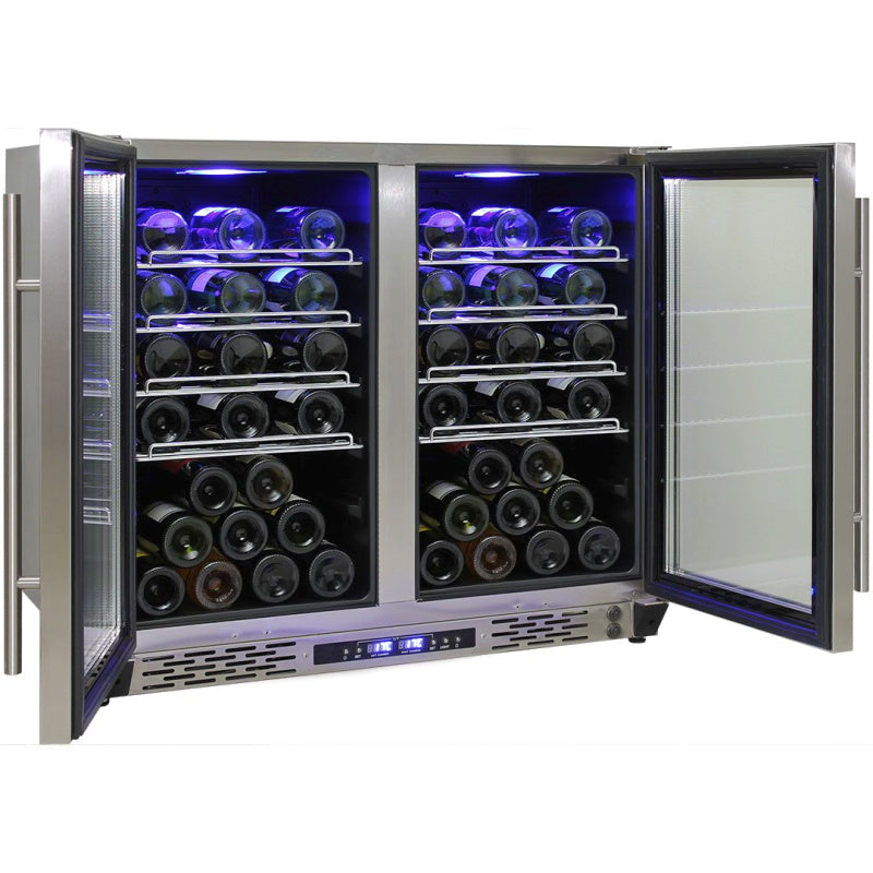 Bar Fridge | Solid Door | Beer and Wine Combo blue LED lights on with doors open and full of wine