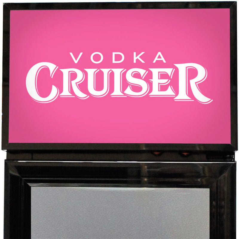 Bar Fridge | 160 Litre Vodka Cruiser Branded  close up view of top of fridge with branding