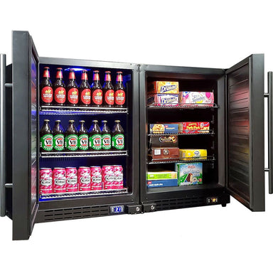 Bar Fridge and Freezer Combo | Schmick BD113 doors open and full of drinks on one side and freezer food on the other