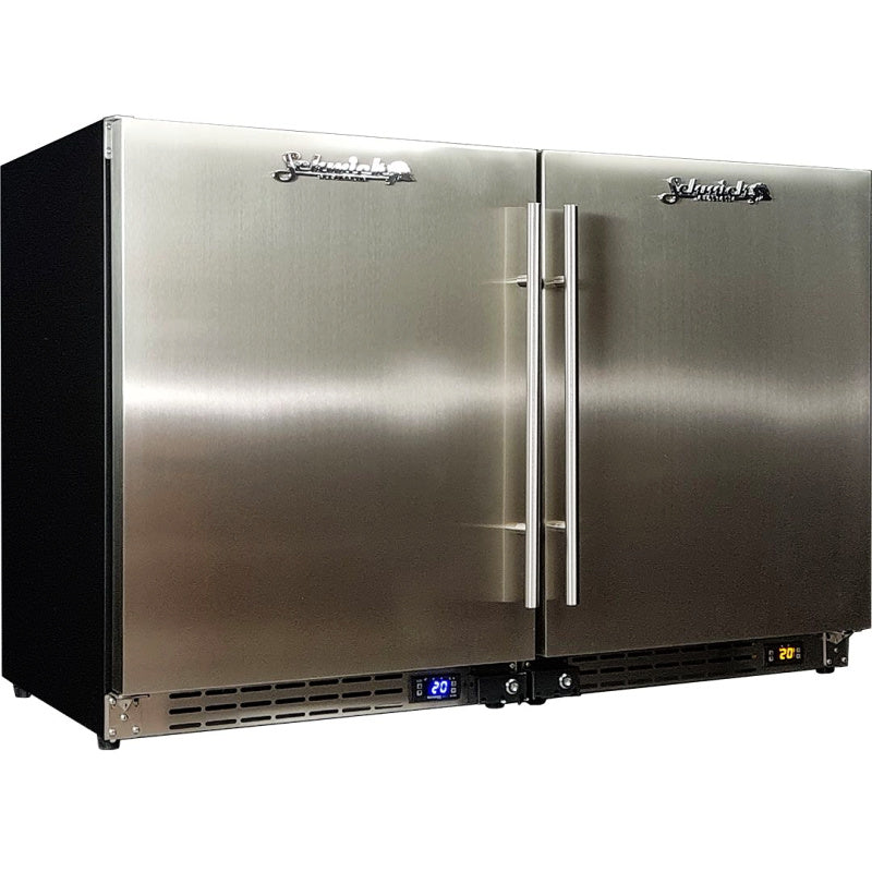 Bar Fridge and Freezer Combo | Schmick BD113 front view with doors closed (stainless steel model)