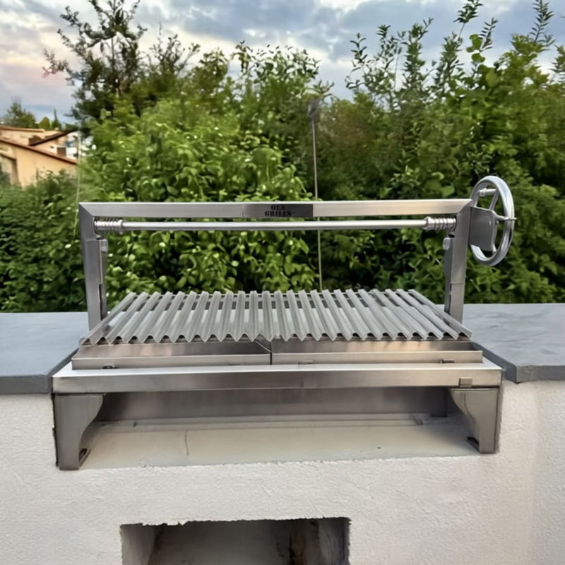 Built-In Parrilla Argentine BBQ Topper | 100% 304 Stainless | V-Grate Model showing it built into an outdoor area
