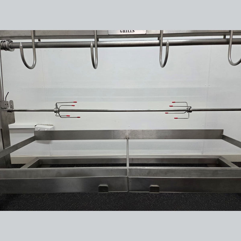 Built-In Parrilla Argentine BBQ Topper | 100% 304 Stainless | V-Grate Model showing optional spit and meat hooks