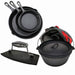 Cast Iron Cookware Combo | top view of cookware set showing 3 piece skillet set, dutch oven and a burger press on white background