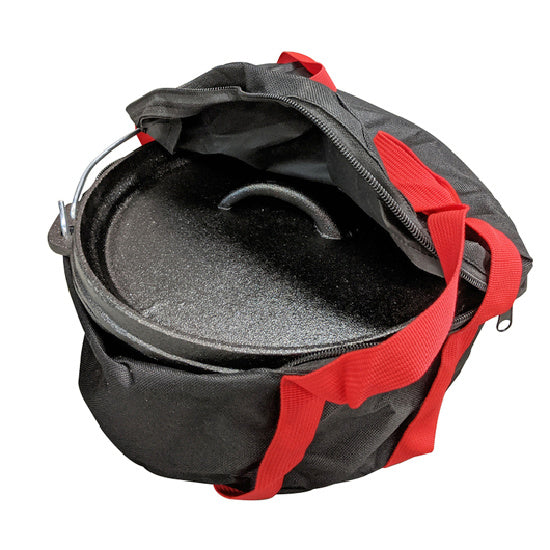 Cast Iron Cookware Combo | close up view of dutch oven with carry bag