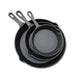Cast Iron Cookware Combo | close up view of 3 piece skillet set on white background