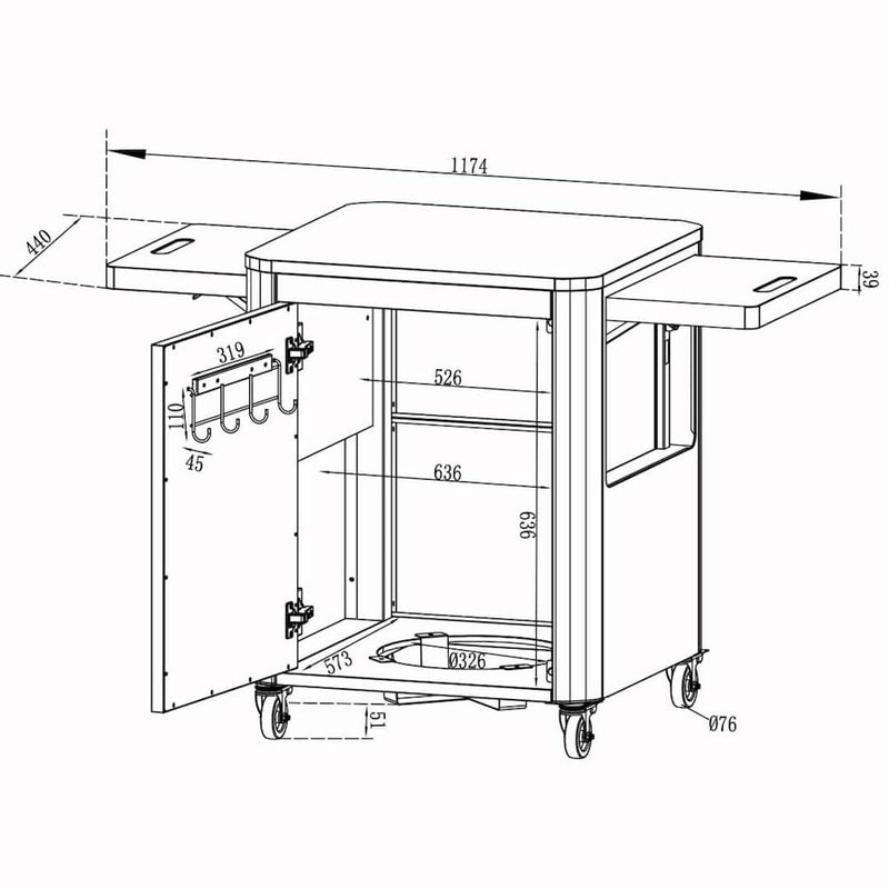 Outdoor Cabinet showing dimensions with doors open