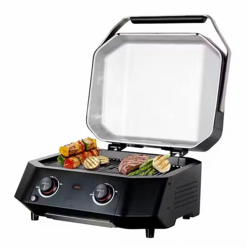 Cozze E-500 Electric BBQ with lid open and food cooking