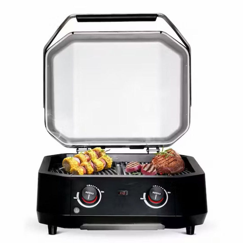 Cozze E-500 Electric BBQ lid open and grilling meat and veggies