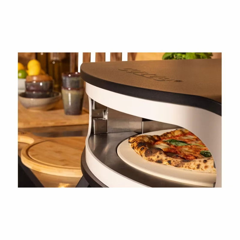 Cozze 17 Inch Rotating Base Pizza Oven close up right view of pizza cooking inside