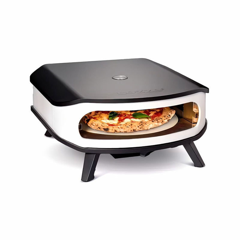 Cozze 17 Inch Rotating Base Pizza Oven front view close up with a pizza inside