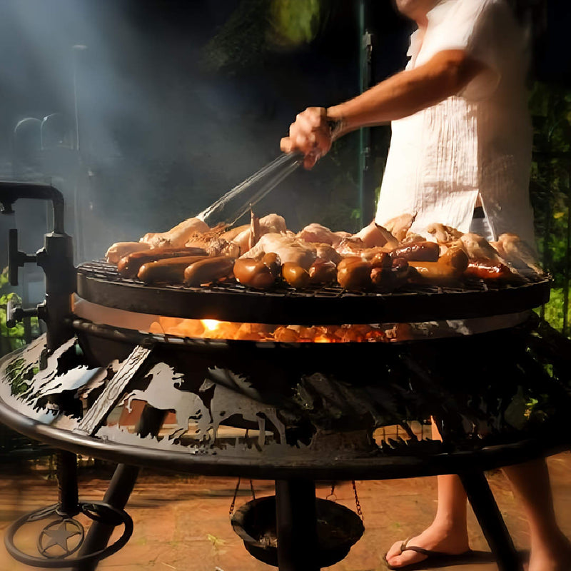 BBQ Grill and Fire Pit  close up view of meat cooking at night time