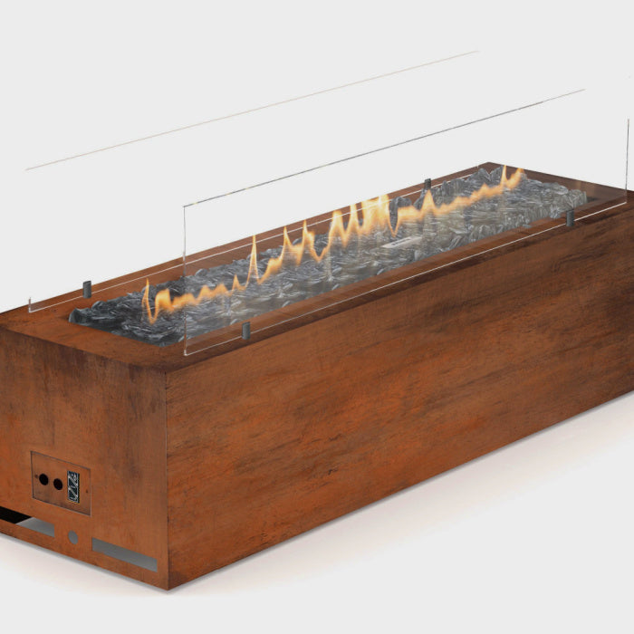 Fireplace | Galio Automatic close up view of corten fireplace with glass fenders