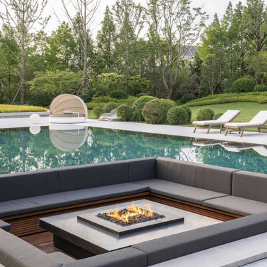 Galio H Insert Fireplace | view of H insert fireplace in backyard next to pool