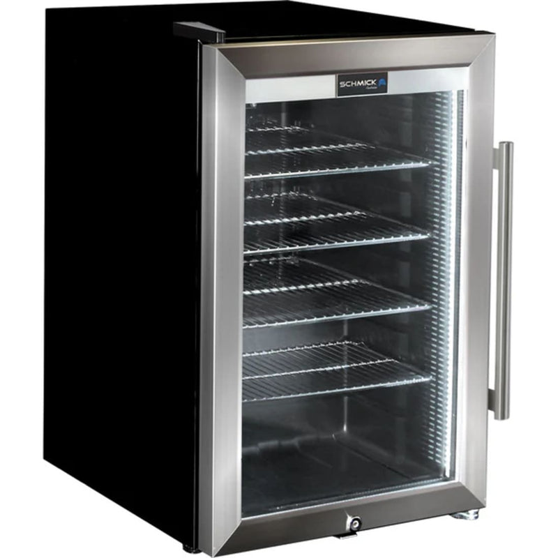 Schmick 70 L Tropical Triple‑Glazed Stainless Bar Fridge – Right or Left Hinge - HUS-SC70-SS showing the left hinge model and empty
