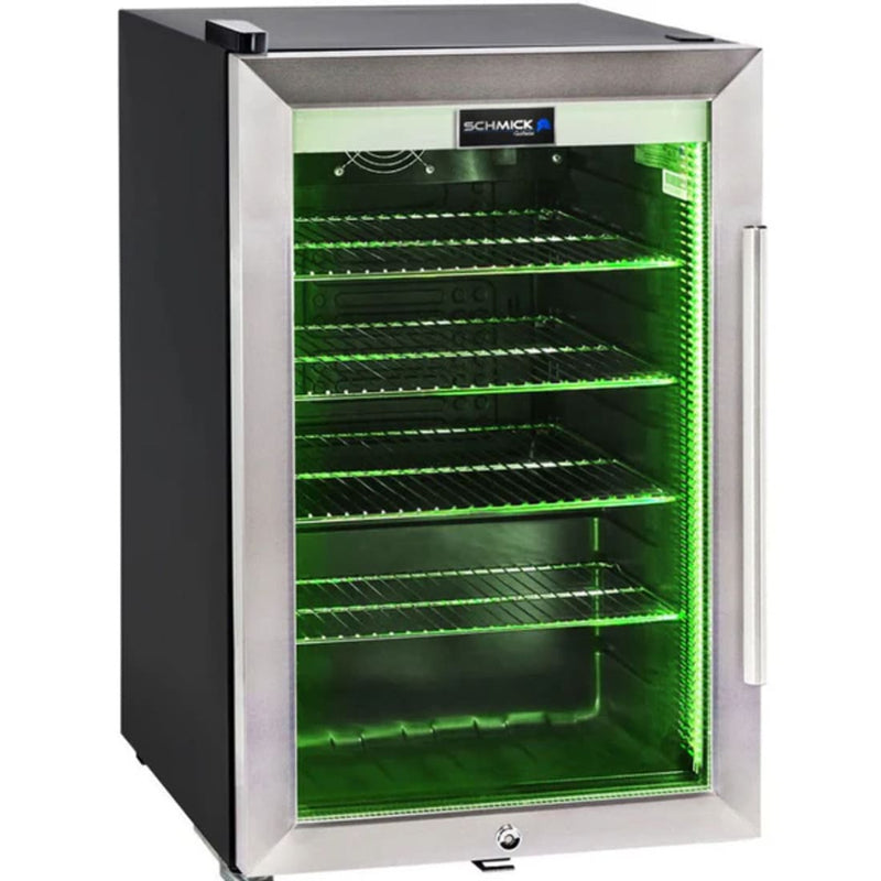 Schmick 70 L Tropical Triple‑Glazed Stainless Bar Fridge – Right or Left Hinge - HUS-SC70-SS showing the lefthinge with green lights
