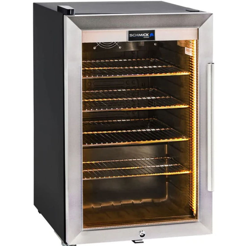 Schmick 70 L Tropical Triple‑Glazed Stainless Bar Fridge – Right or Left Hinge - HUS-SC70-SS showing the left hinge with yellow lights