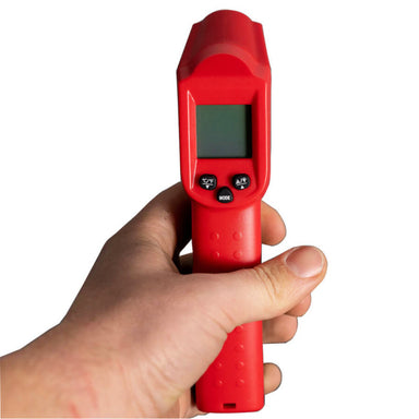 Infrared Thermometer | close up front view of person holing Infrared Thermometer