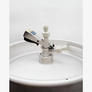 Kegerator Accessory | D-Type Coupler close up view of coupler attached to 20 litre keg