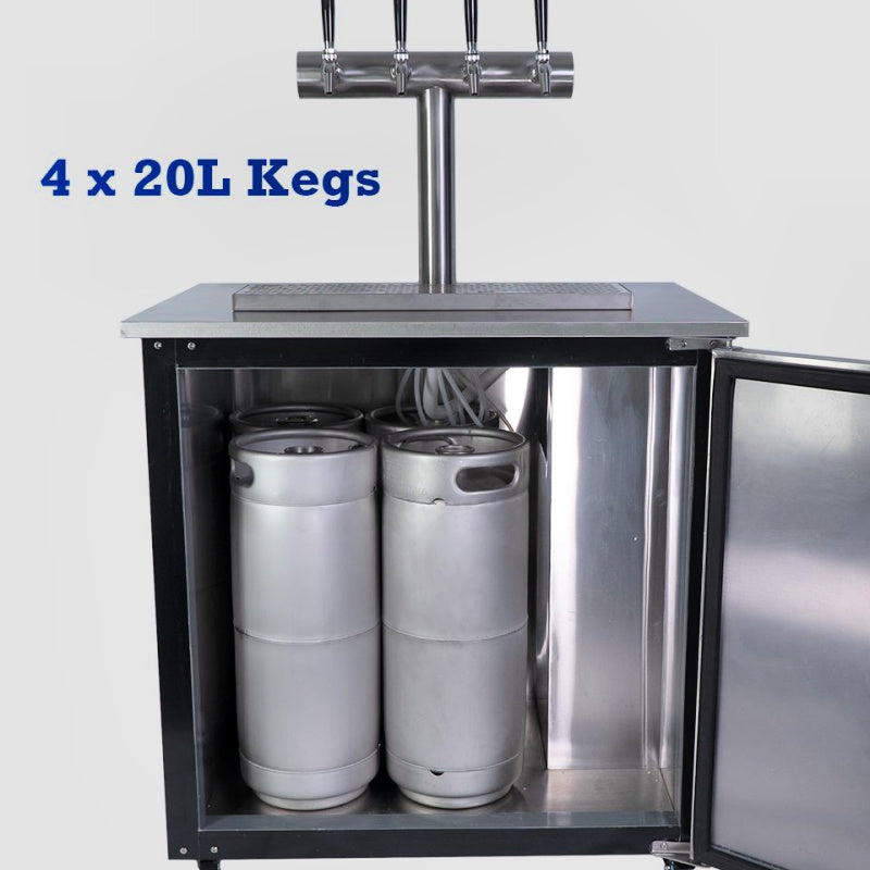 Kegerator | Solstace Indoor/Outdoor | Everything You Need Bundle  showing 4 x 20L kegs inside fridge