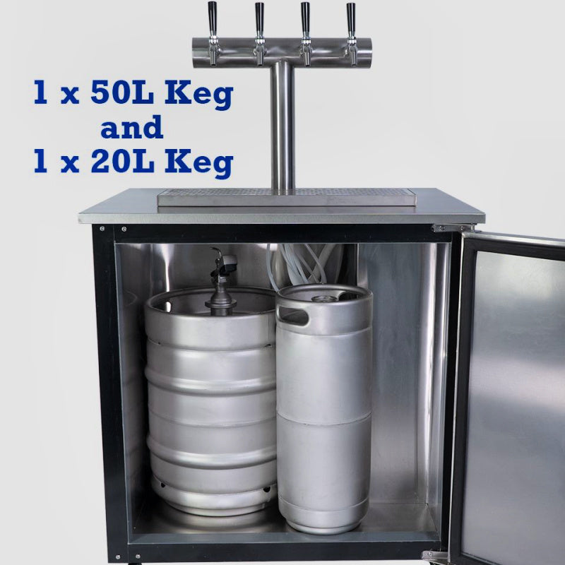 Kegerator | Solstace Indoor/Outdoor | Everything You Need Bundle showing 1x50L and 1x20L keg inside fridge