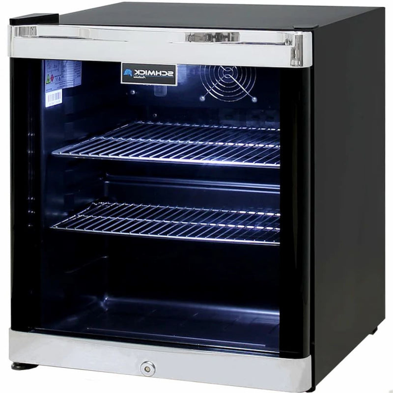 Mini Bar Fridge | Schmick Tropical 50 Litre showing left hand hinge in black with chrome trim