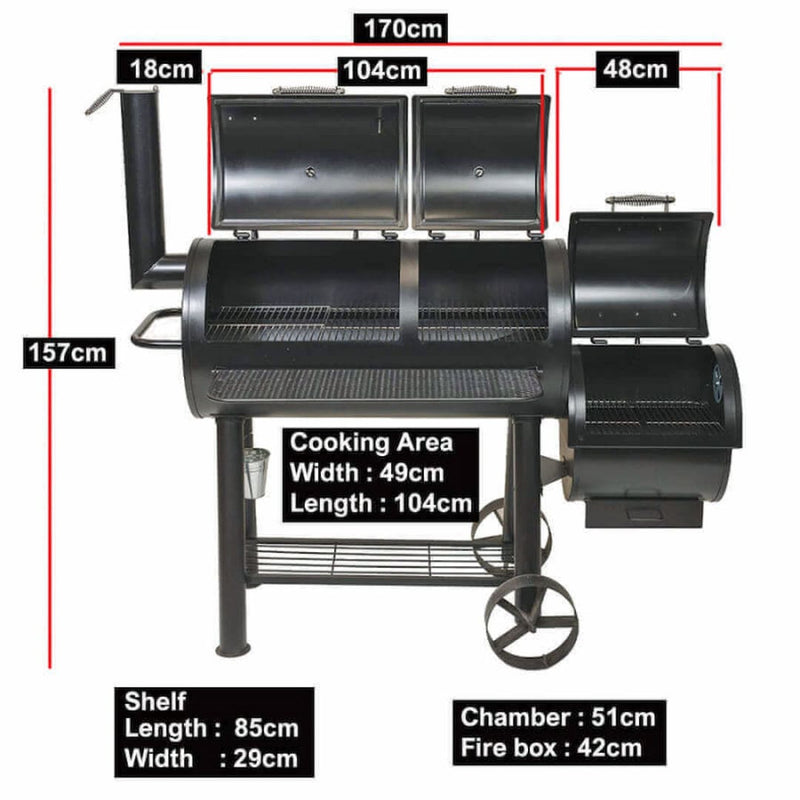 Offset Smoker Flaming Coals showing all dimensions of the unit including the cooking area and fire box