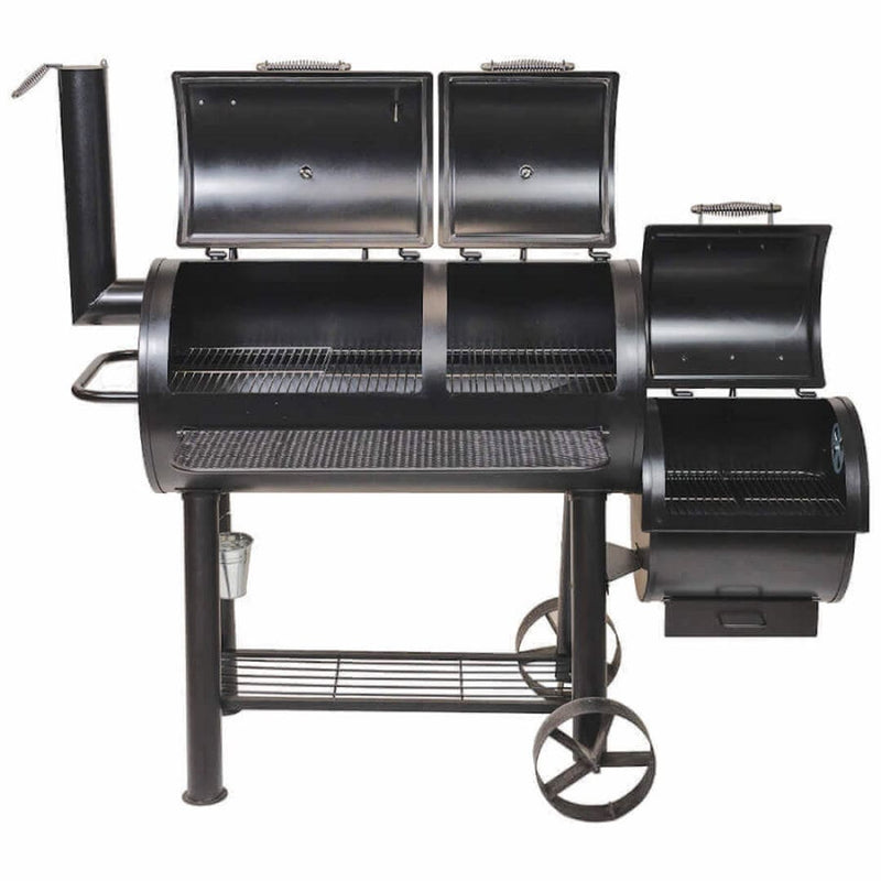 Offset Smoker Flaming Coals front view with all lids open on the smoker