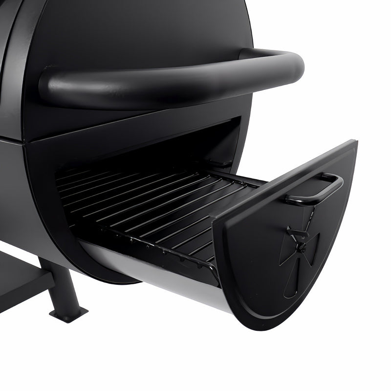 Texas Trio Char-Griller | Dual Fuel | BBQ and Smoker close up view of side firebox charcoal draw