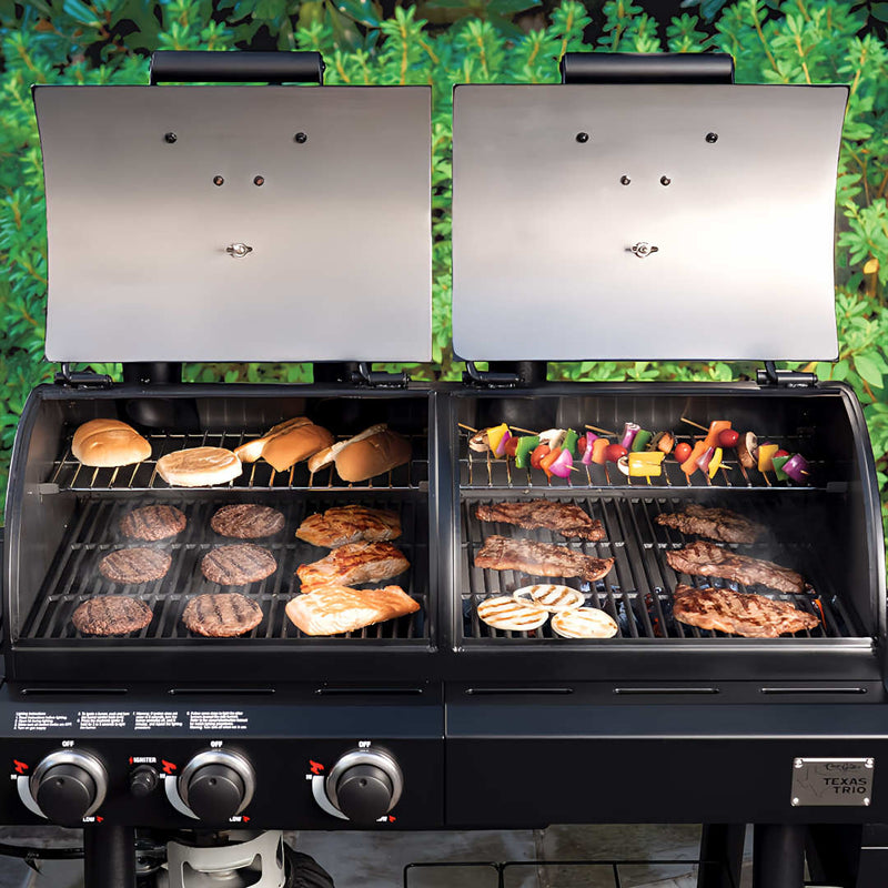 Texas Trio Char-Griller | Dual Fuel | BBQ and Smoker top view with lid open on both sides of BBQ