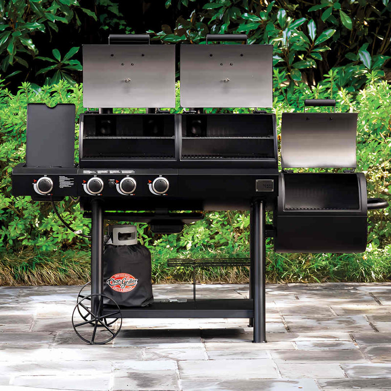 Texas Trio Char-Griller | Dual Fuel | BBQ and Smoker front view of BBQ grill in outdoors with all lids open