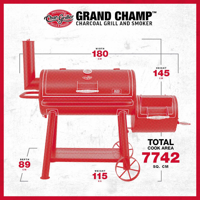 Offset Smoker | Char-Griller Grand Champ showing physical dimensions of the smoker