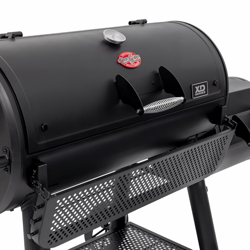 Offset Smoker | Char-Griller Grand Champ front left view showing temp gauge and handle