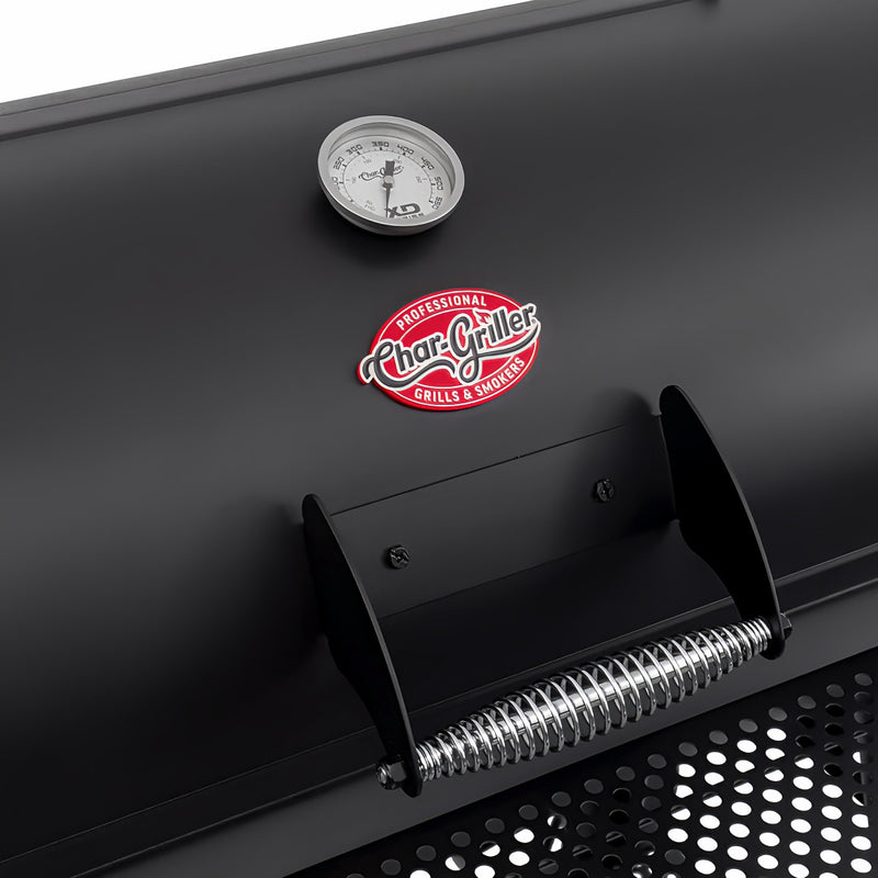 Offset Smoker | Char-Griller Grand Champ  close up view of branding, temperature gauge and handle