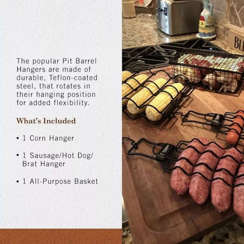 Pit Barrel Cooker 3 Hanger Pack on table inside