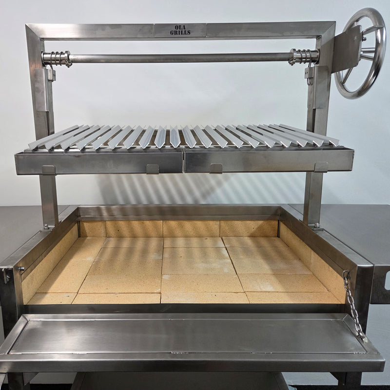Parrilla Argentine BBQ with Firebricks | 100% 304 Stainless | South American Style Cooking showing a close up with the door down and the grill up