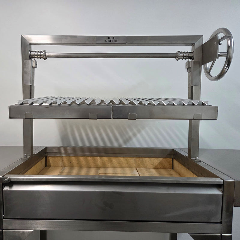 Parrilla Argentine BBQ with Firebricks | 100% 304 Stainless | South American Style Cooking showing a close up with the grill all the way up